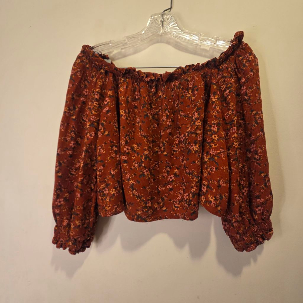 Women's AE Rust Floral Off-Shoulder Puff Sleeve Crop Top Indie Earthy Blouse M